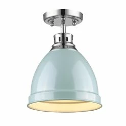 Promo ✨ Golden Lighting Duncan Chrome Flush Mount With Seafoam Shade ❤️