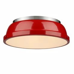 Best Pirce 👏 Golden Lighting Duncan Pewter Steel 14-inch Flush Mount With Red Shade 🛒