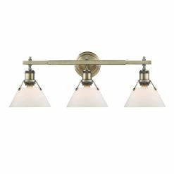 Promo 👍 Golden Lighting Orwell AB Gold Aged-brass Finish Steel-frame 3-light Bath Vanity Fixture With Opal Glass Shades 🔥