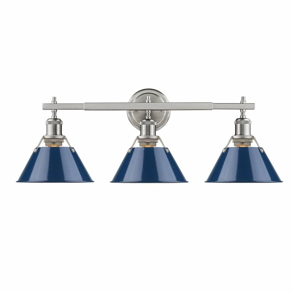 New π Golden Lighting Orwell PW Pewter Navy Blue Shades Steel 3-light Bath Vanity Fixture π₯° 3 New π Golden Lighting Orwell PW Pewter Navy Blue Shades Steel 3-light Bath Vanity Fixture π₯°