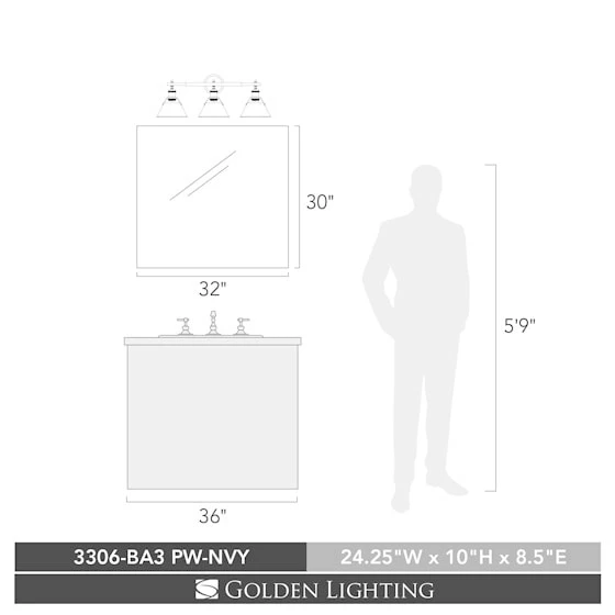 New π Golden Lighting Orwell PW Pewter Navy Blue Shades Steel 3-light Bath Vanity Fixture π₯° 4 New π Golden Lighting Orwell PW Pewter Navy Blue Shades Steel 3-light Bath Vanity Fixture π₯° - Image 2