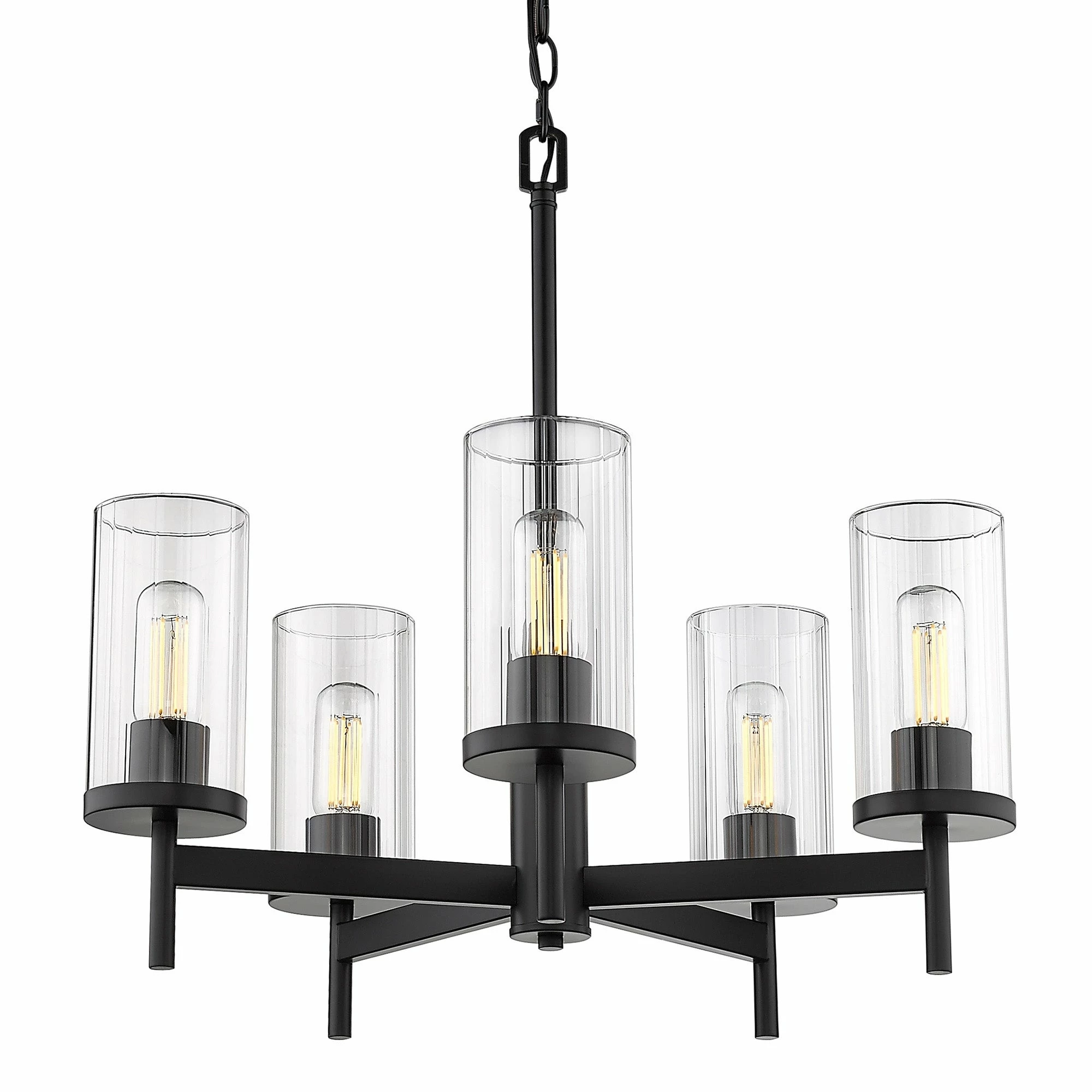 Promo ๐ Golden Lighting Winslett 5 Light Chandelier Matte Black With Ribbed Clear Glass ๐